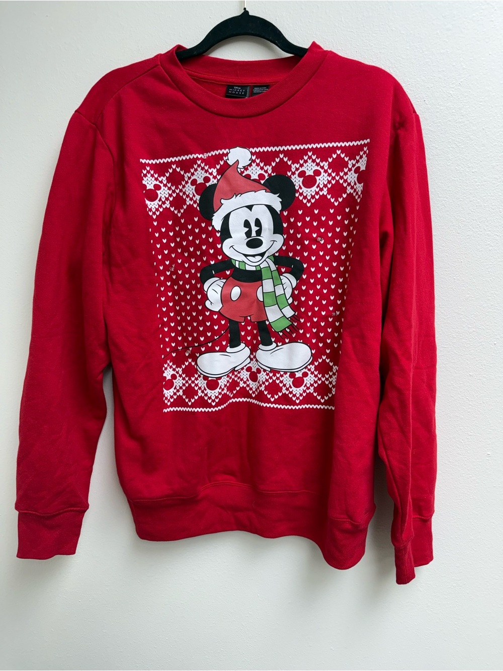 Disney Red Mickey Mouse Holiday Crewneck Sweatshirt with Green Scarf